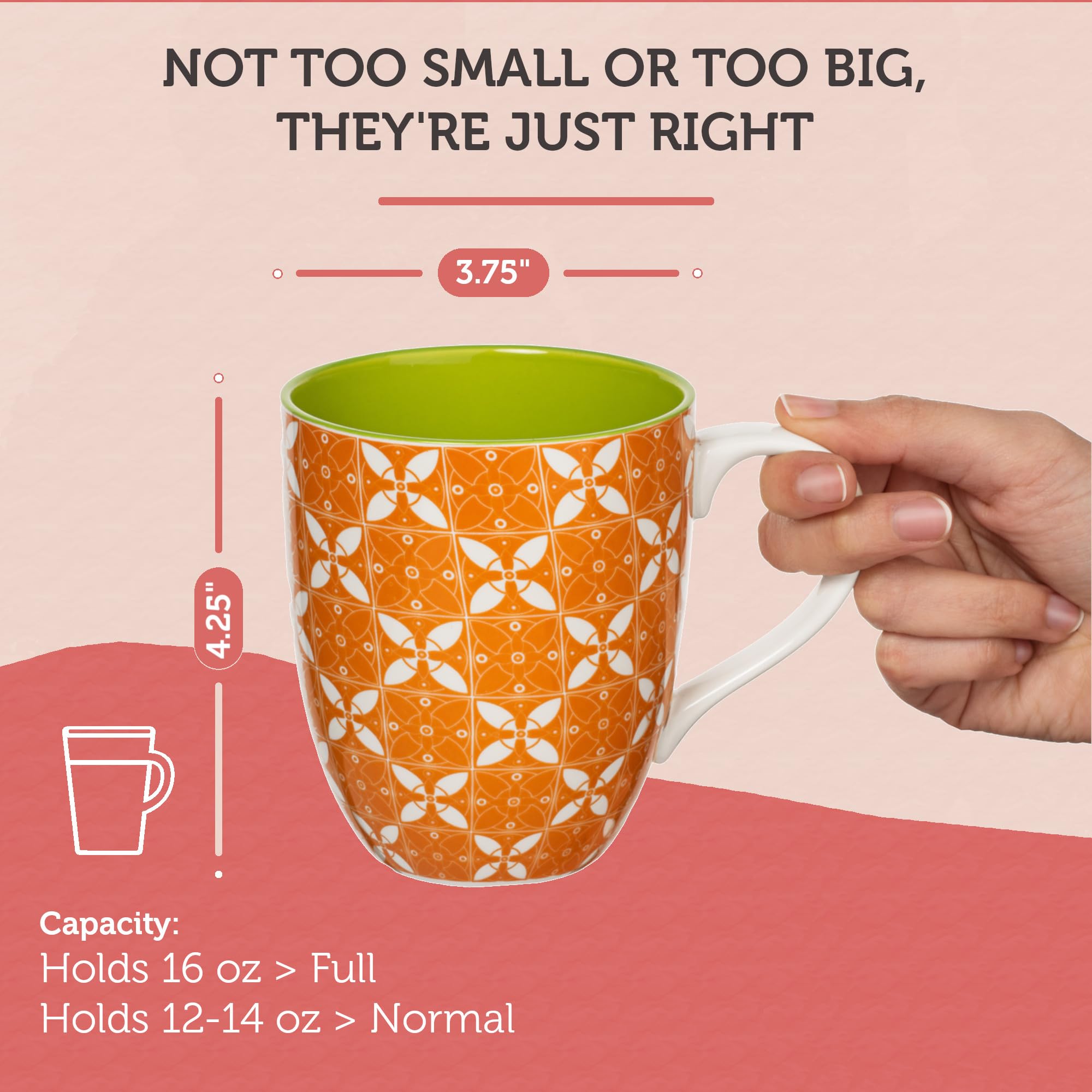 Annovero 16oz capacity supports tea, coffee, or cocoa.