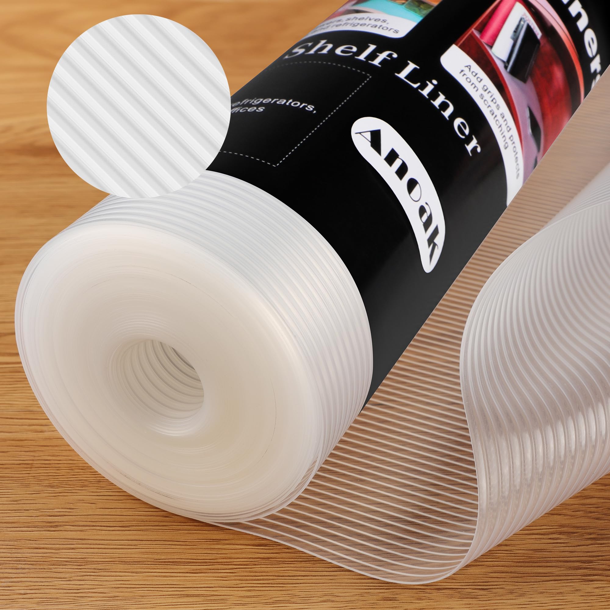 Anoak shelf liner with non-slip stripe design keeps glassware in place