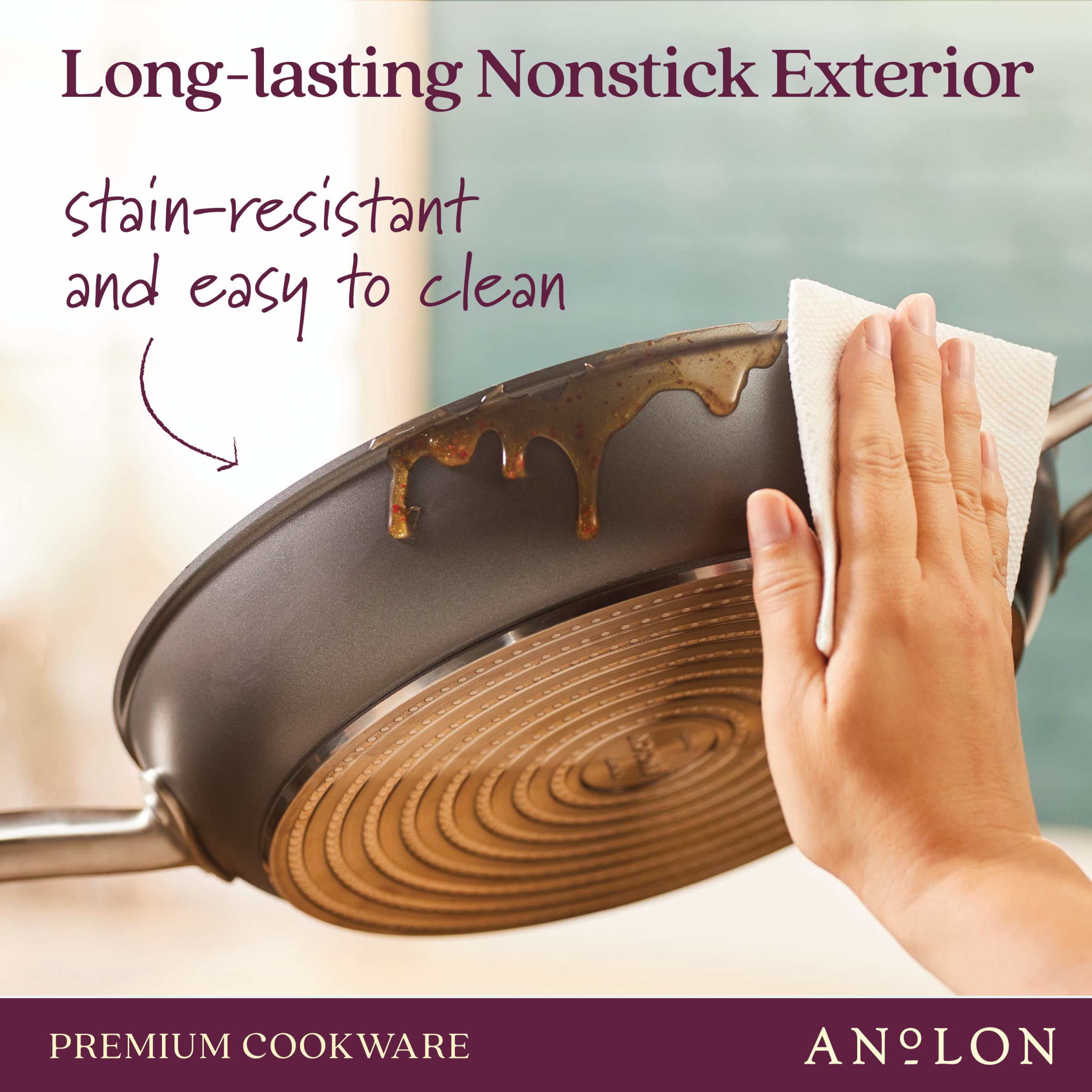 Anolon Accolade base emphasizes sturdy foundation for even browning.