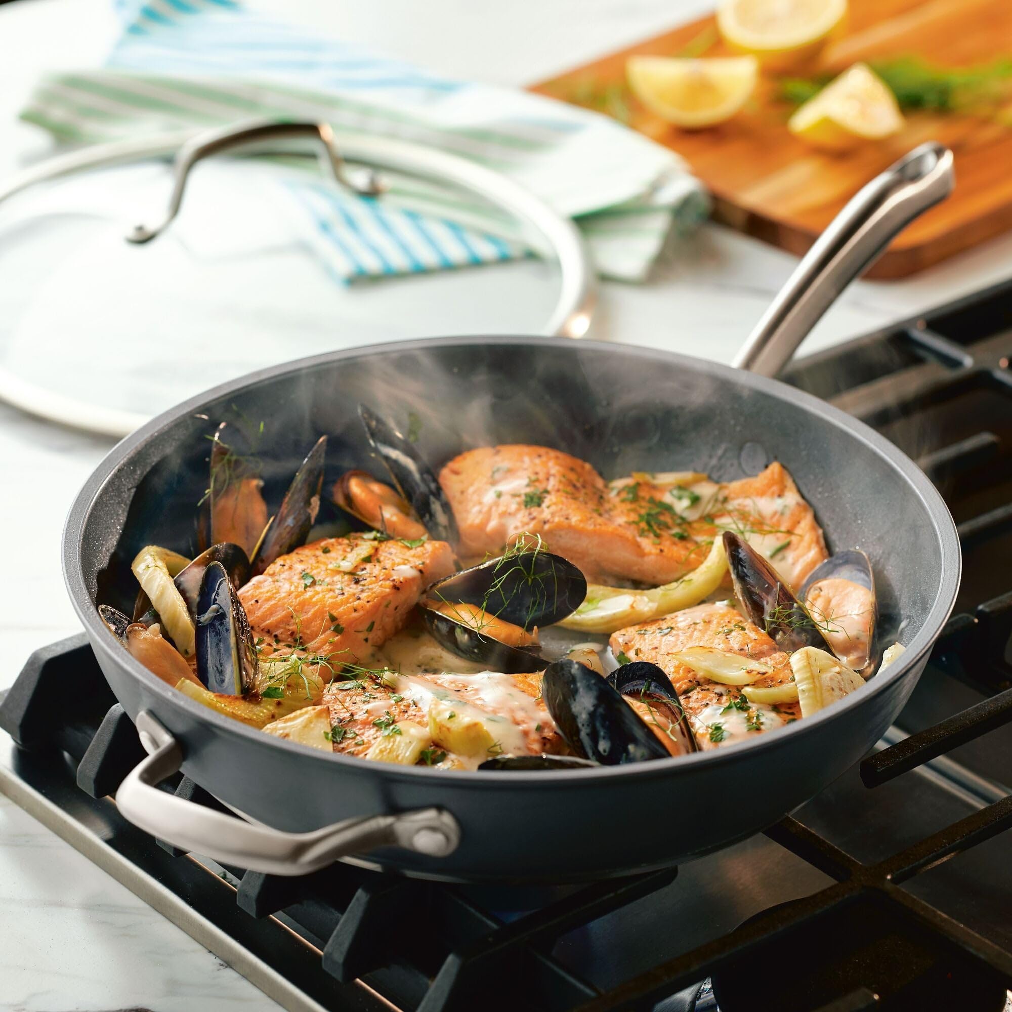 Anolon Accolade pan with helper handle, easy to lift safely.