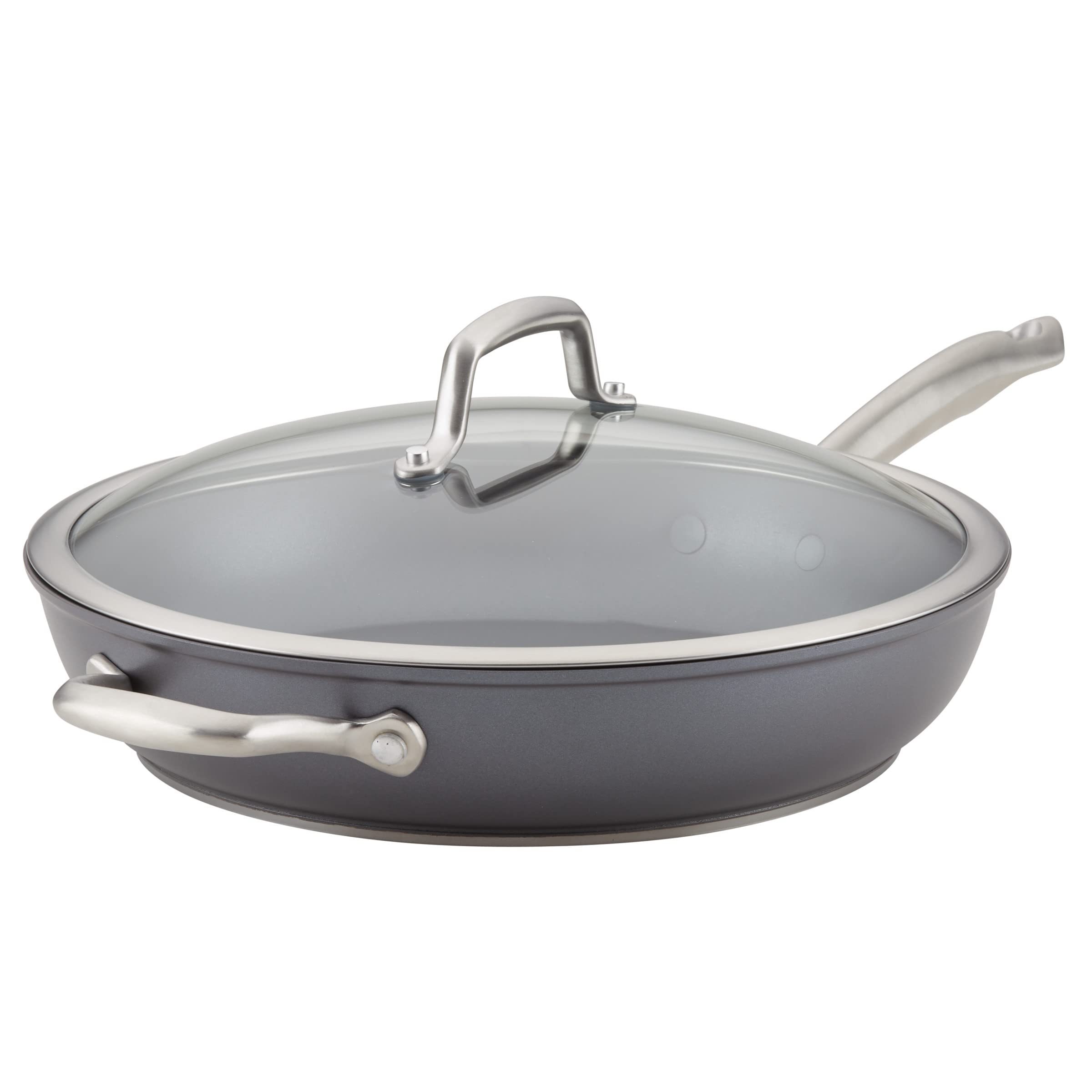Anolon Accolade lid on 12-inch pan, ideal for steaming and easy cleanup.