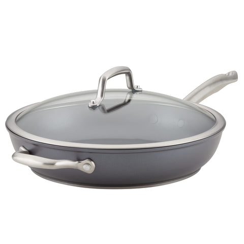 Anolon Accolade lid on 12-inch pan, ideal for steaming and easy cleanup.