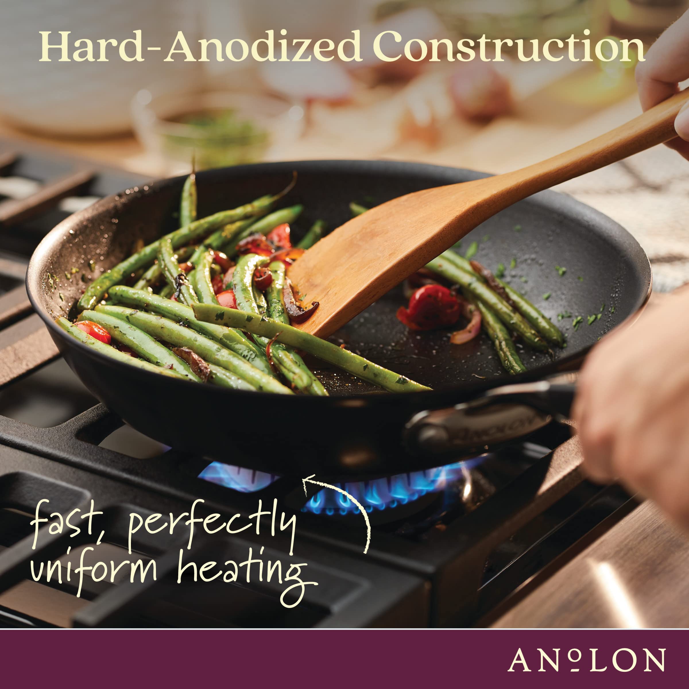 Anolon SmartStack dishwasher-safe design enables quick post-cook cleanup.