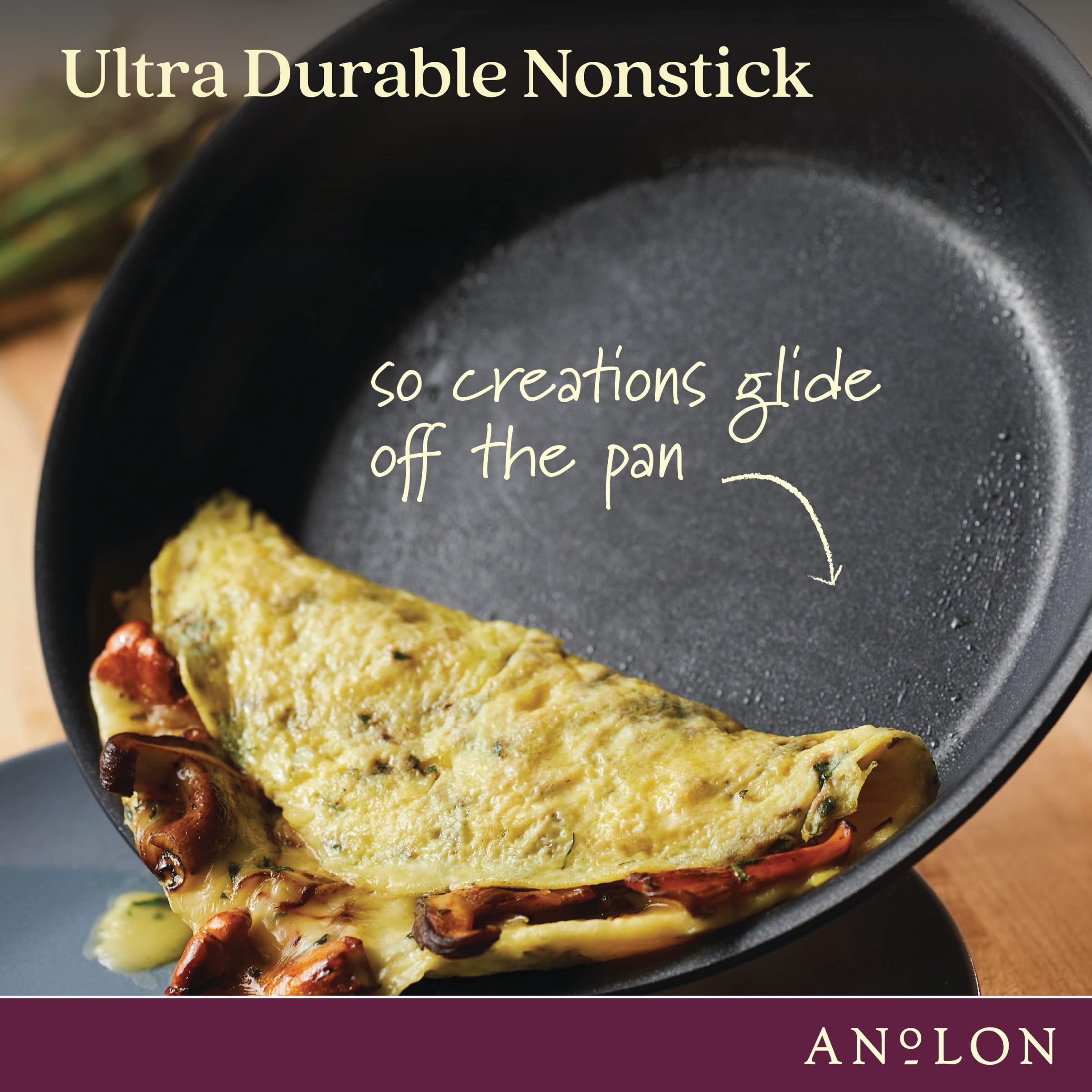 Anolon SmartStack full-cap stainless steel base resists warping on all stoves.
