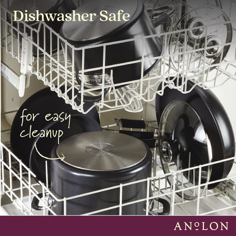 Anolon SmartStack hard-anodized construction highlights durability and fast heating.