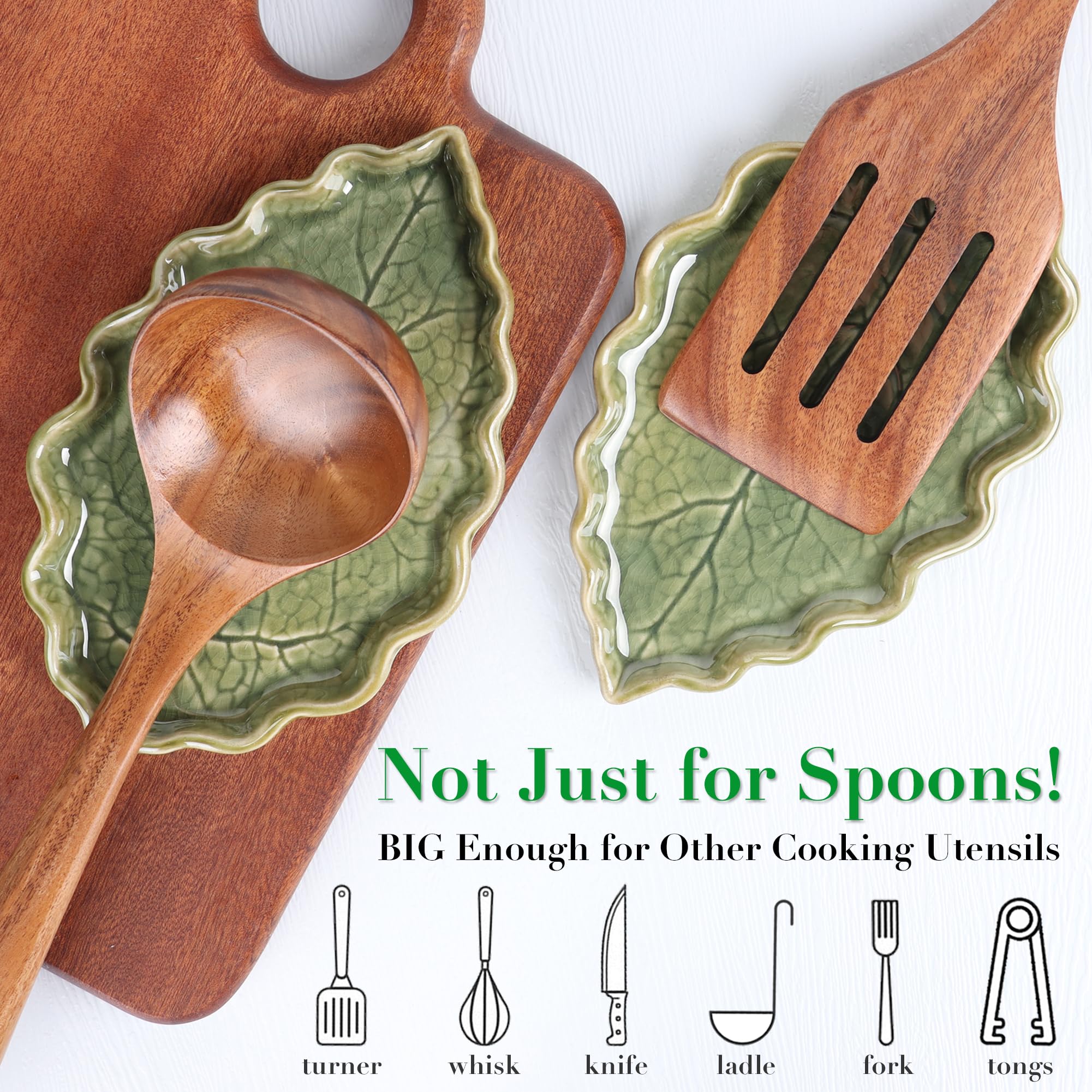 Anoonse green leaf spoon rest enhances decor while organizing utensils.