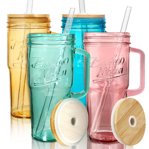 ANOTION colored glass cups with handle for convenient 24oz servings on the go
