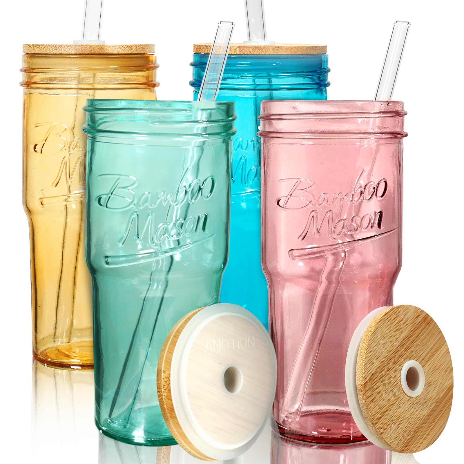 ANOTION colored glass cups with lids and straws for iced drinks on the go