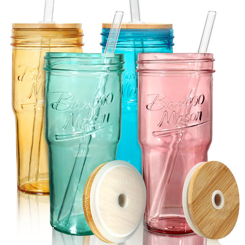 ANOTION colored glass cups with lids and straws for iced drinks on the go