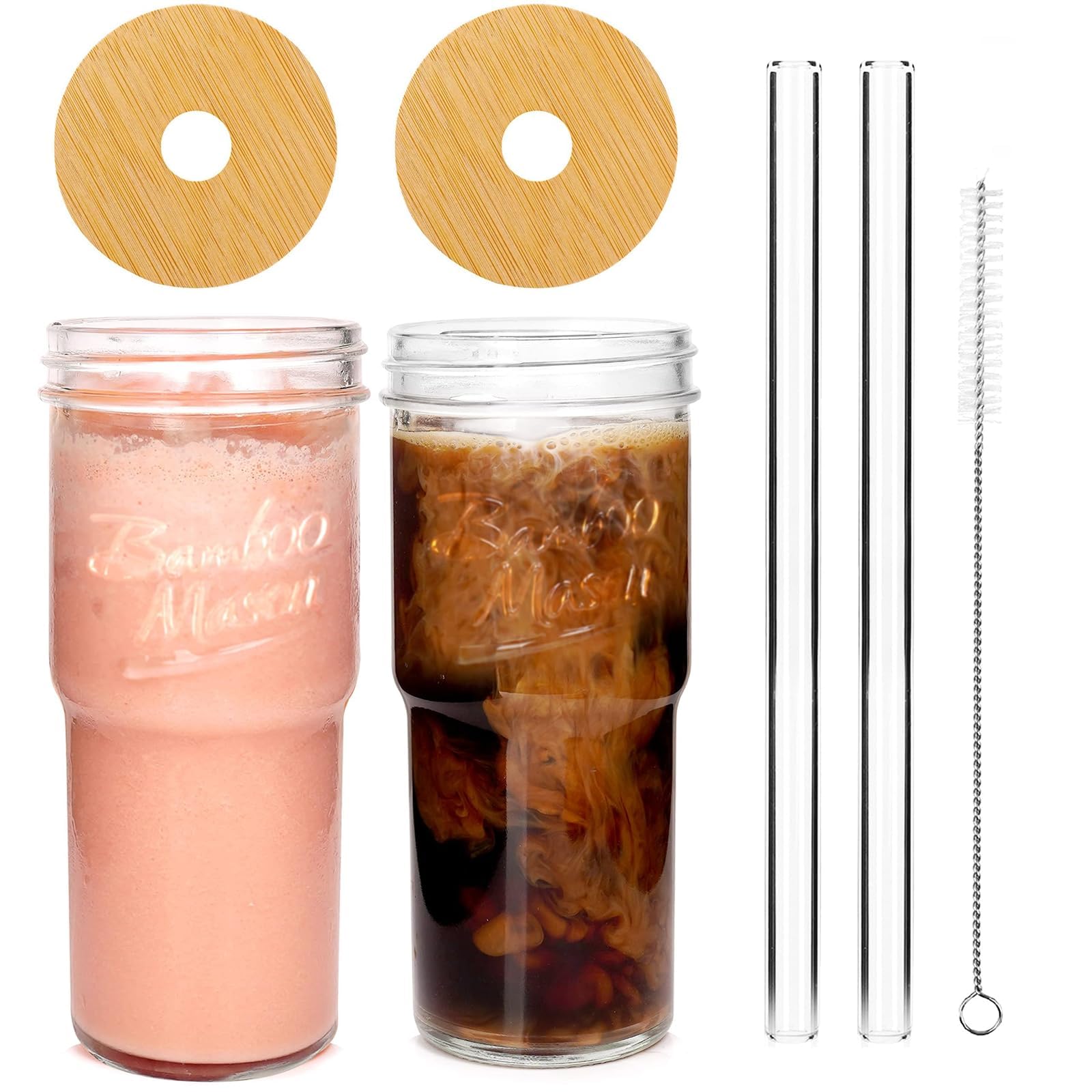 ANOTION glass cups with lids and straws 24oz, ideal for travel and on-the-go beverages.