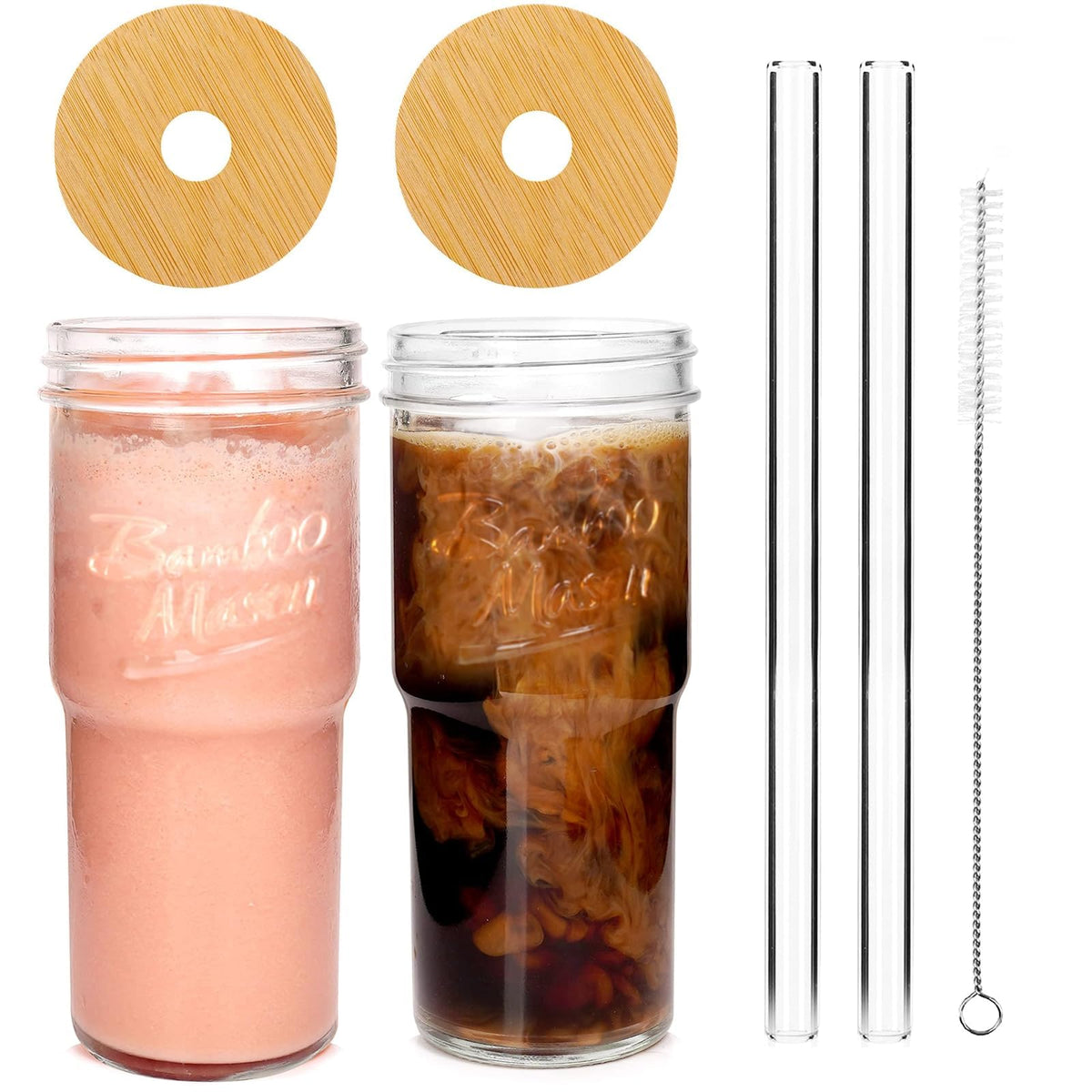 ANOTION glass cups with lids and straws 24oz, ideal for travel and on-the-go beverages.