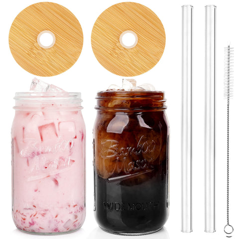 ANOTION mason jar 32oz with bamboo lid and glass straw for on-the-go sipping