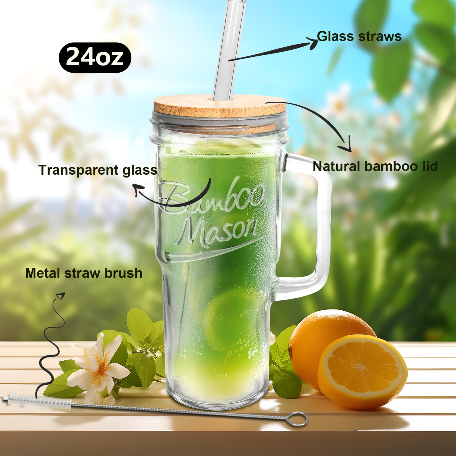 ANOTION mason jar cups with handle and bamboo lids for stylish daily use.