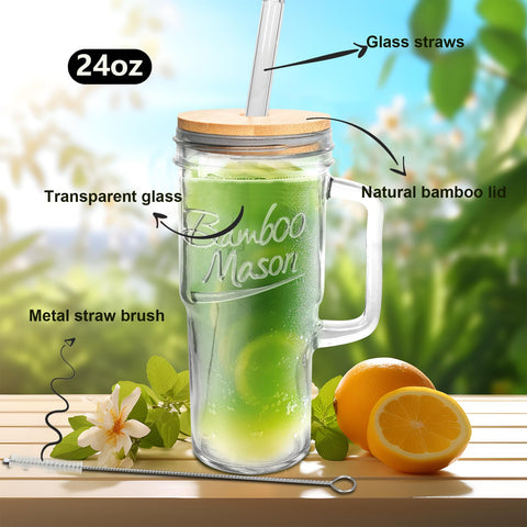 ANOTION mason jar cups with handle and bamboo lids for stylish daily use.