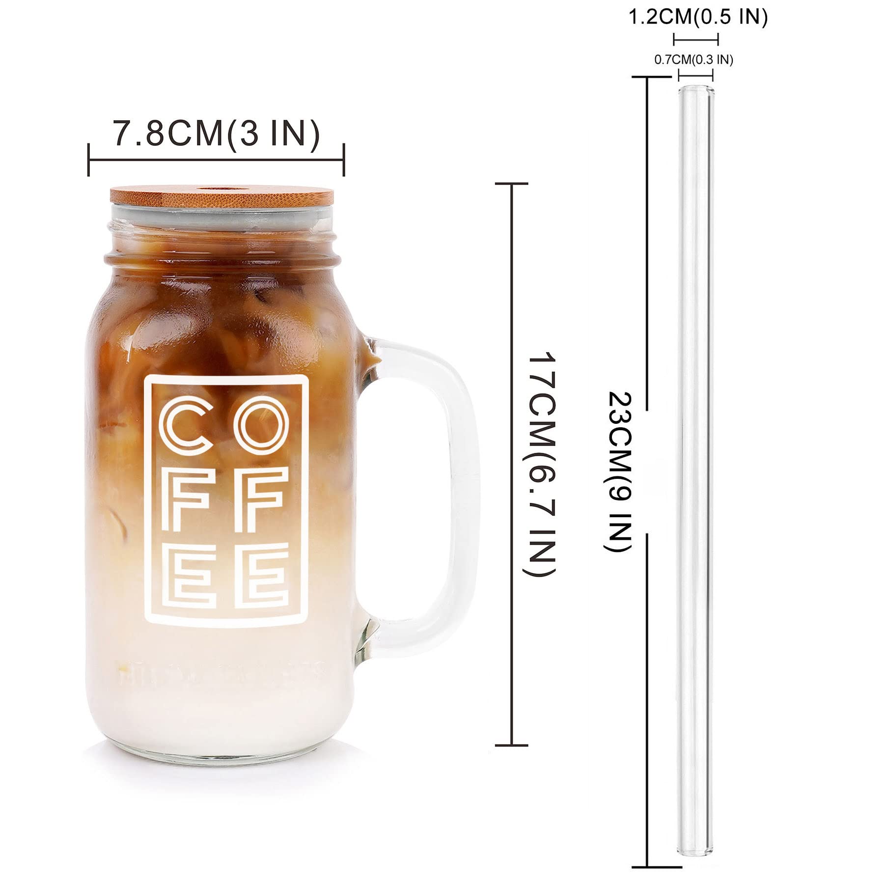 ANOTION mason jar with COFFEE design and glass straw for easy sipping on the go