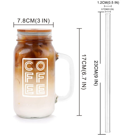 ANOTION mason jar with COFFEE design and glass straw for easy sipping on the go
