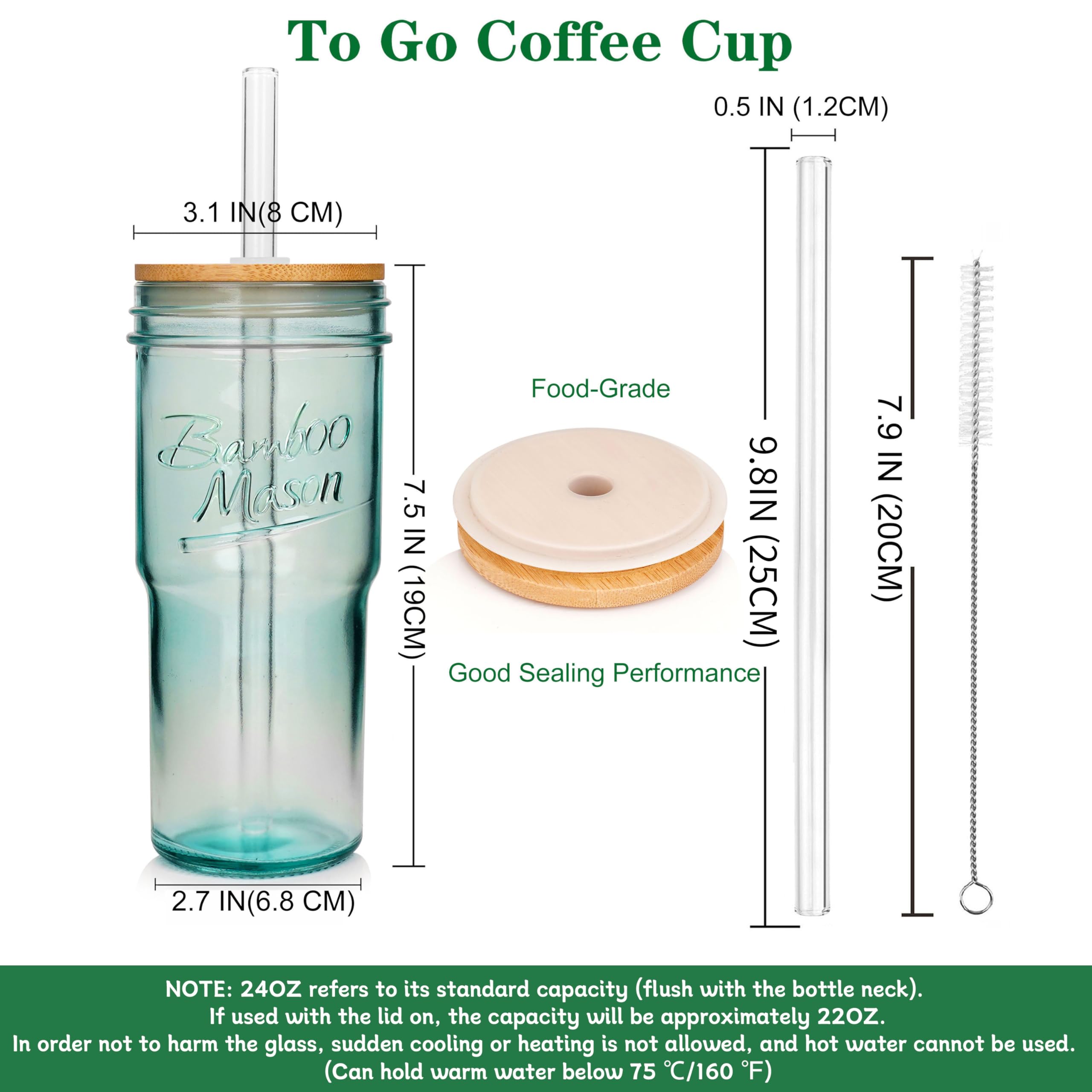 ANOTION 24oz travel mason jar with wide mouth and lid for coffee or smoothies