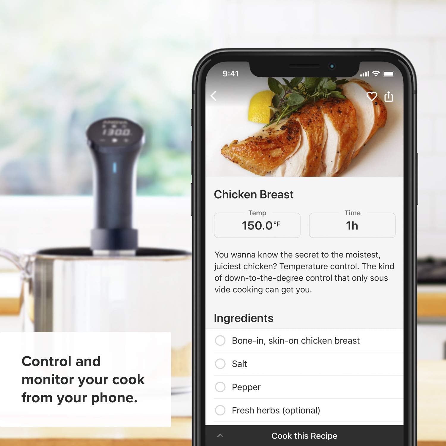 Control time and temperature via the free Anova app