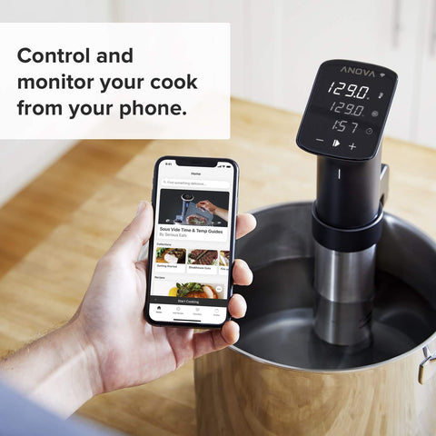 Anova Culinary Pro Cooker with app interface shows remote time and temp control.