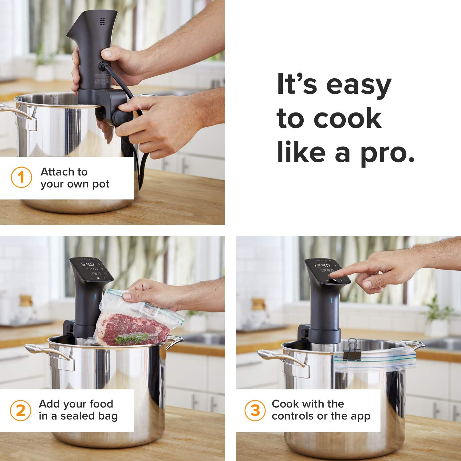 Anova Culinary Pro Cooker in a pot of water illustrates precise temperature control.