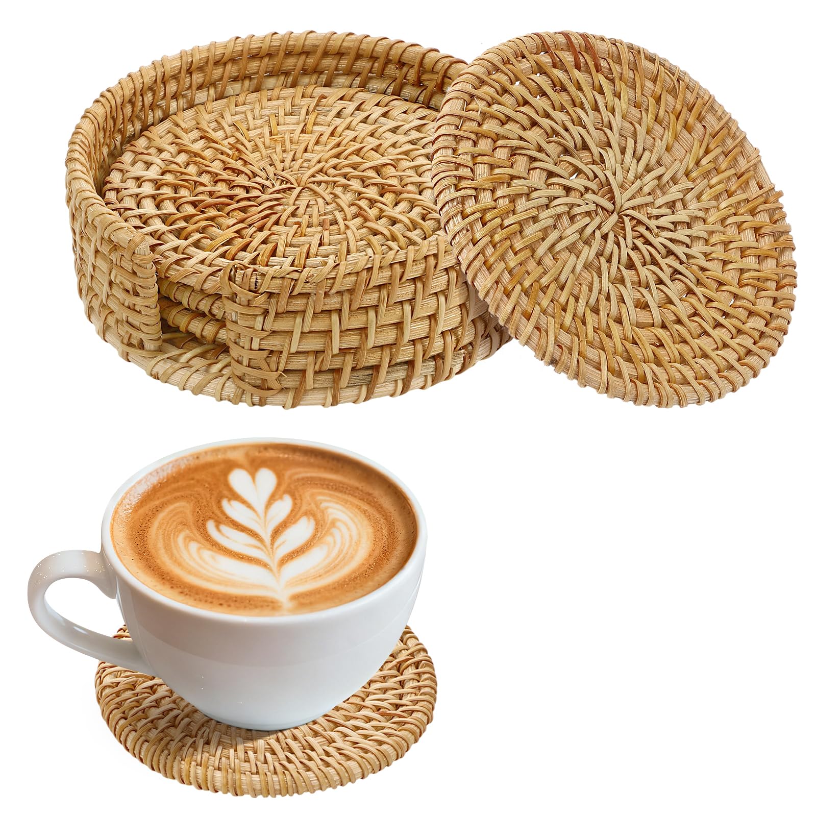 ANPHSIN 4pcs natural handmade rattan coasters showing unique texture and natural charm.