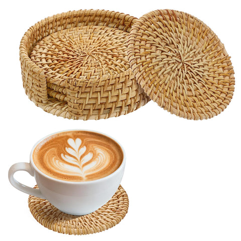 ANPHSIN 4pcs natural handmade rattan coasters showing unique texture and natural charm.