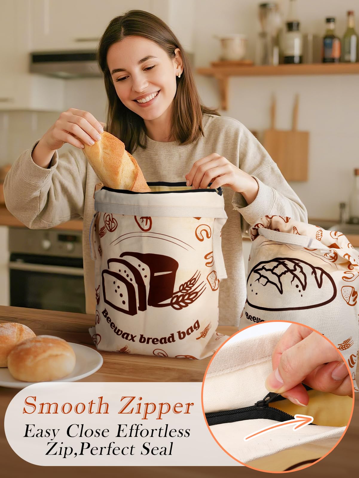 ANPHSIN bread bag double-seal zipper demonstrates secure storage.