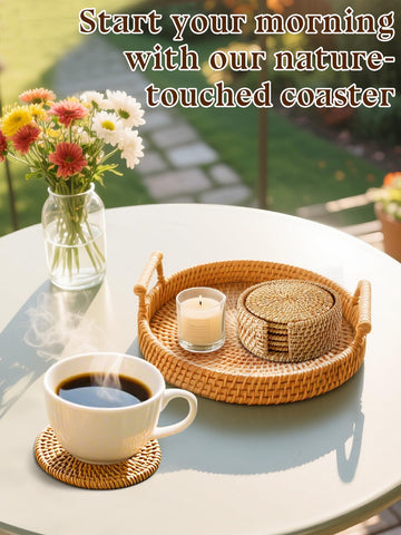 ANPHSIN coasters with natural rattan holder for organized storage