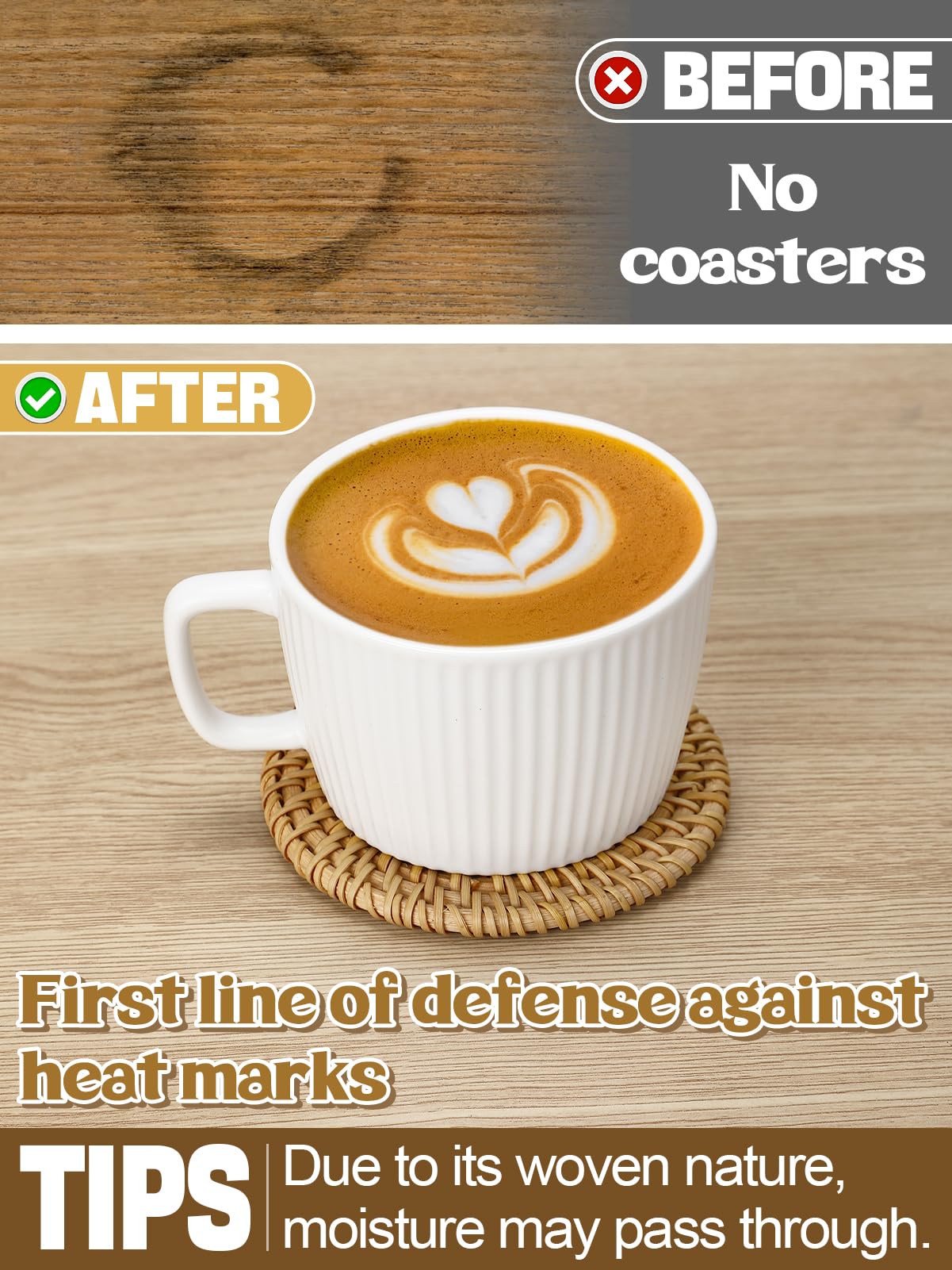 ANPHSIN heat-insulation rattan coasters keep beverages off hot surfaces.