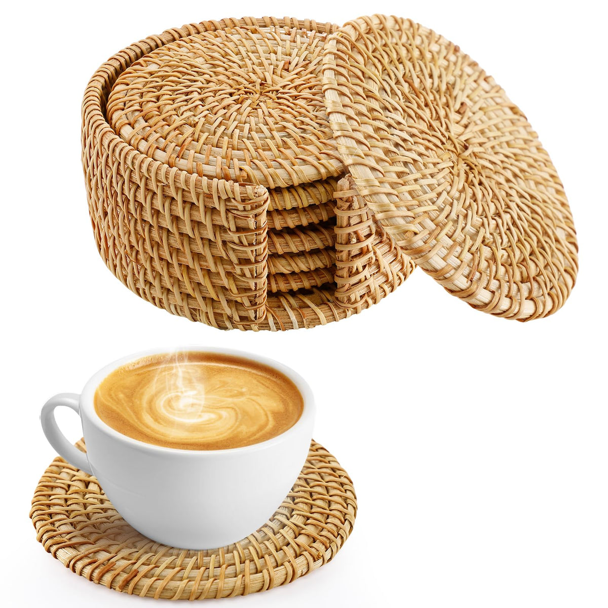 ANPHSIN natural rattan coaster set on a rustic table for protection