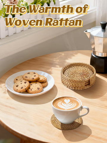 ANPHSIN rattan coaster holder keeps coasters organized with easy access.