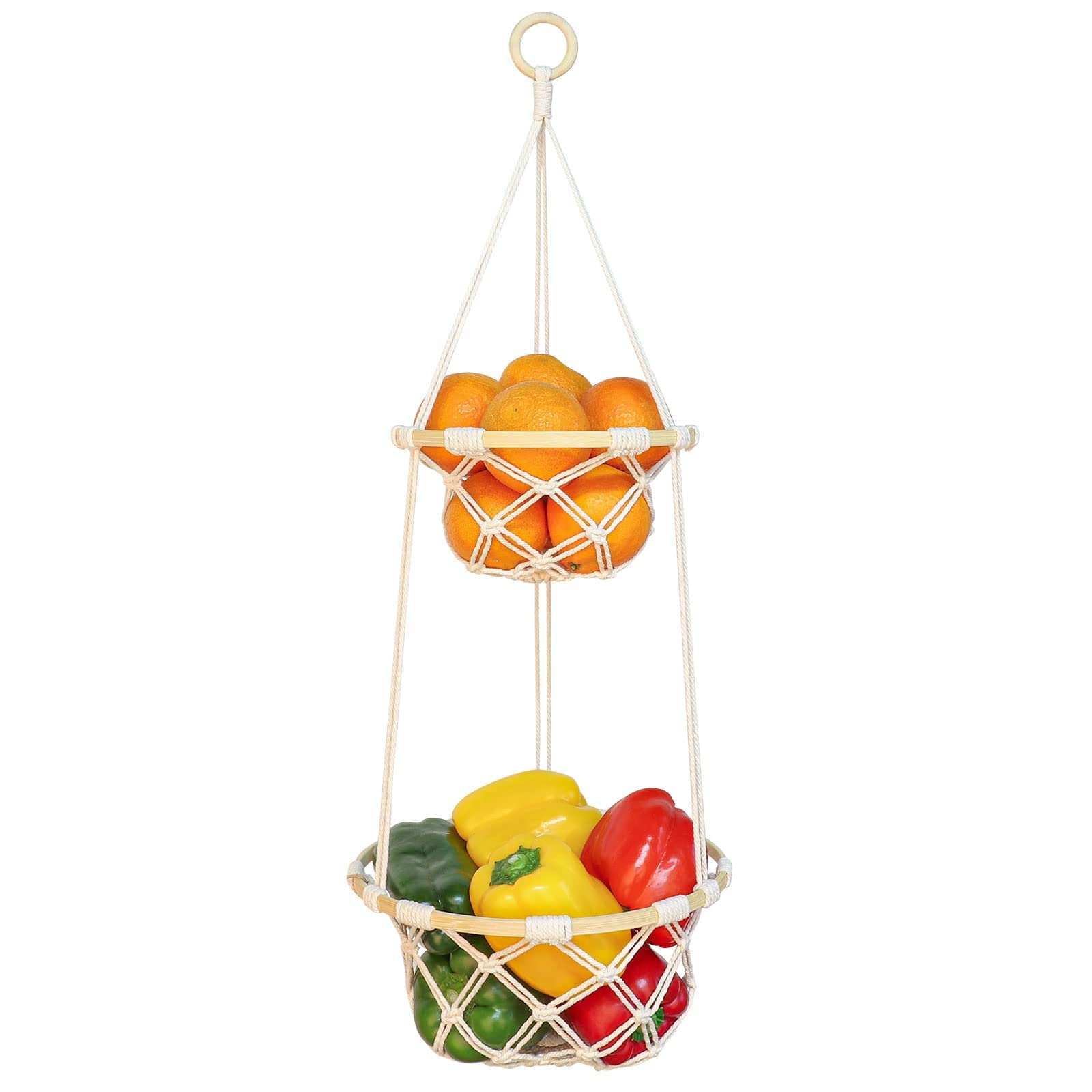 ANROYE 2-Tier macrame fruit basket hanging in kitchen for organized storage