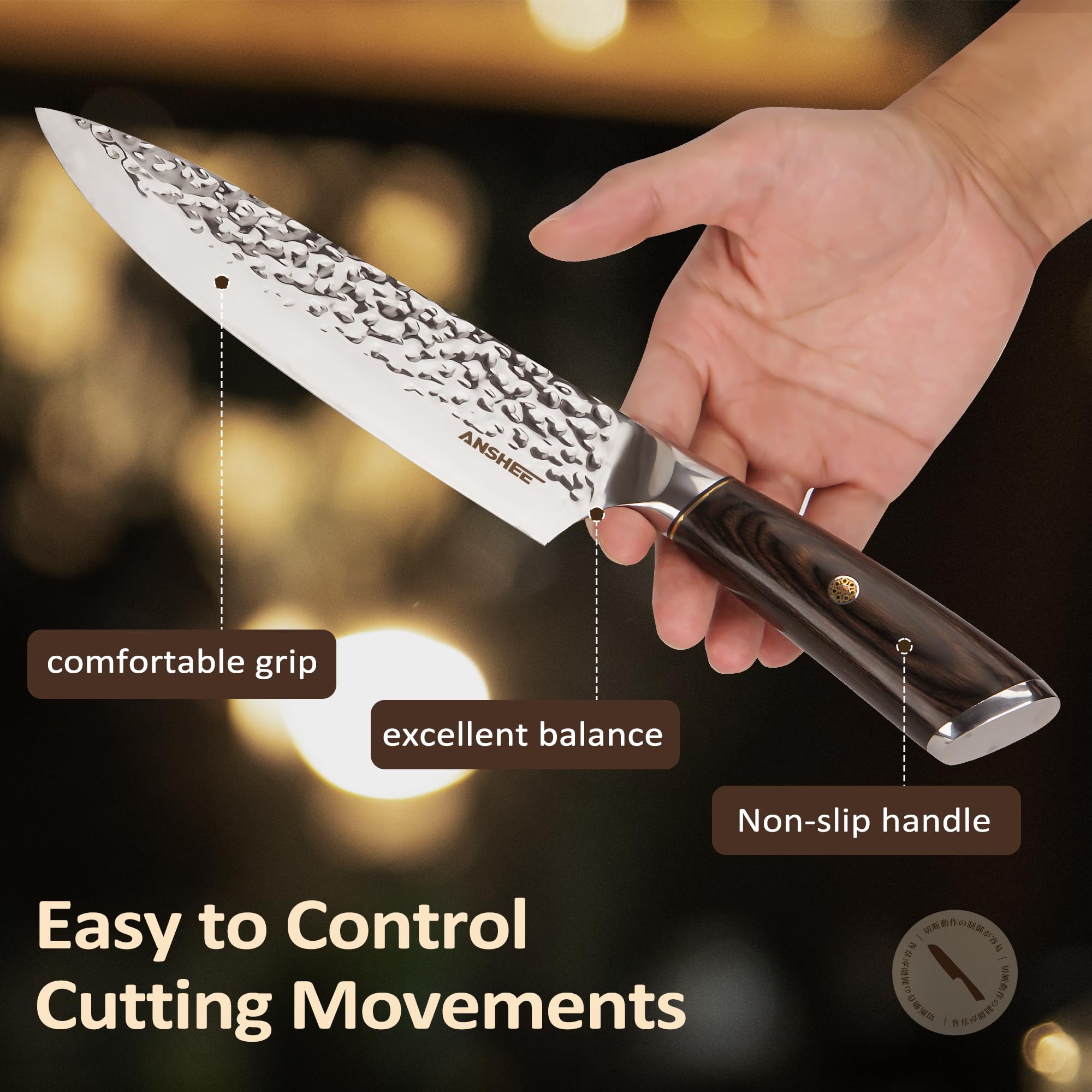 Anshee 8in gyuto in action slicing food cleanly.