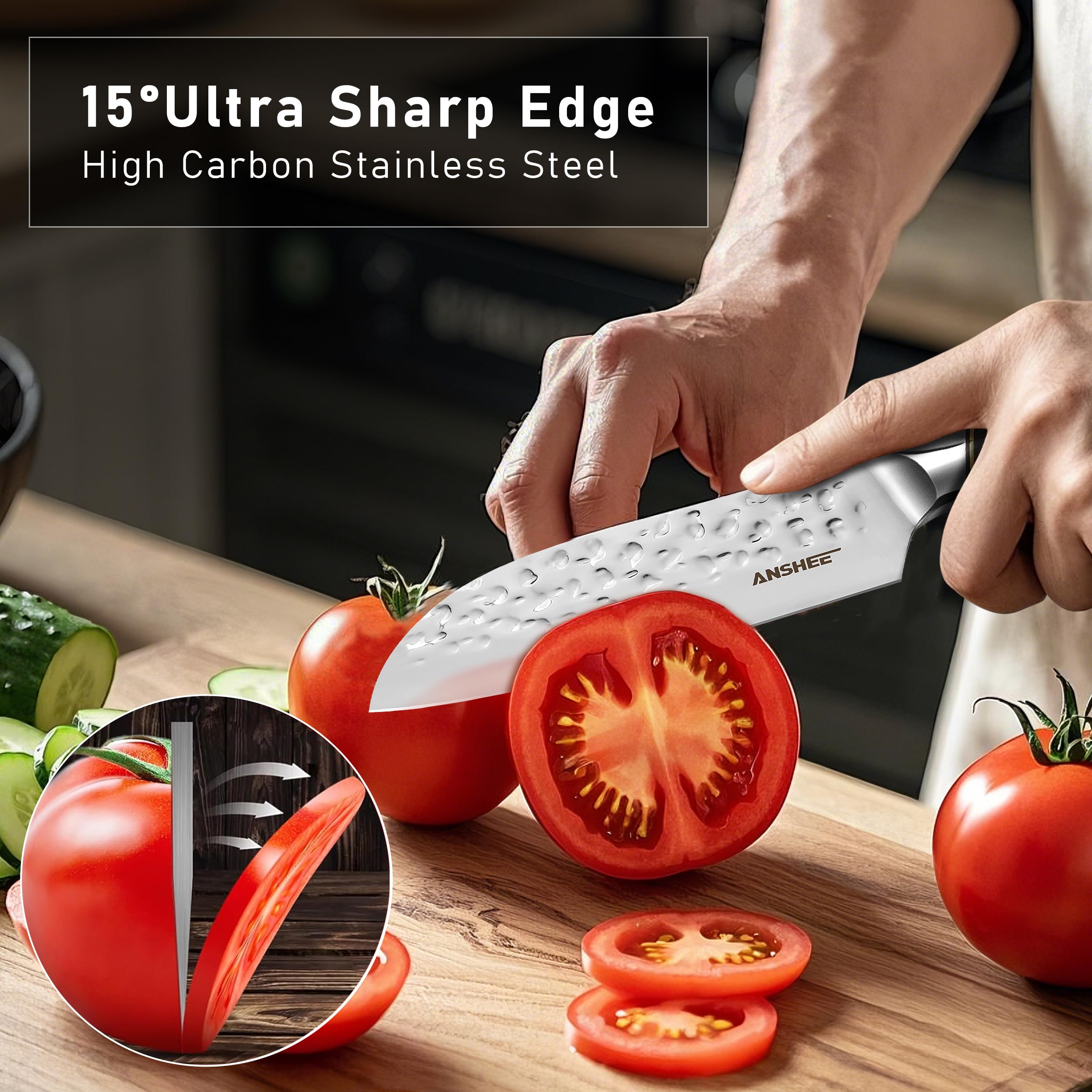 Anshee ergonomic pakkawood handle delivers comfortable grip.
