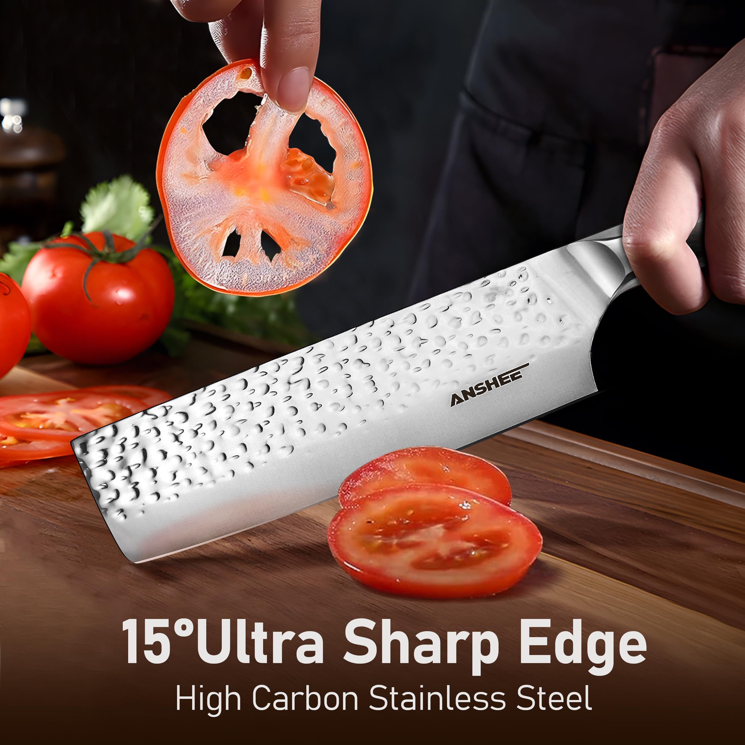 Anshee nakiri 7inch anti-stick texture highlights smooth slicing of sticky ingredients.