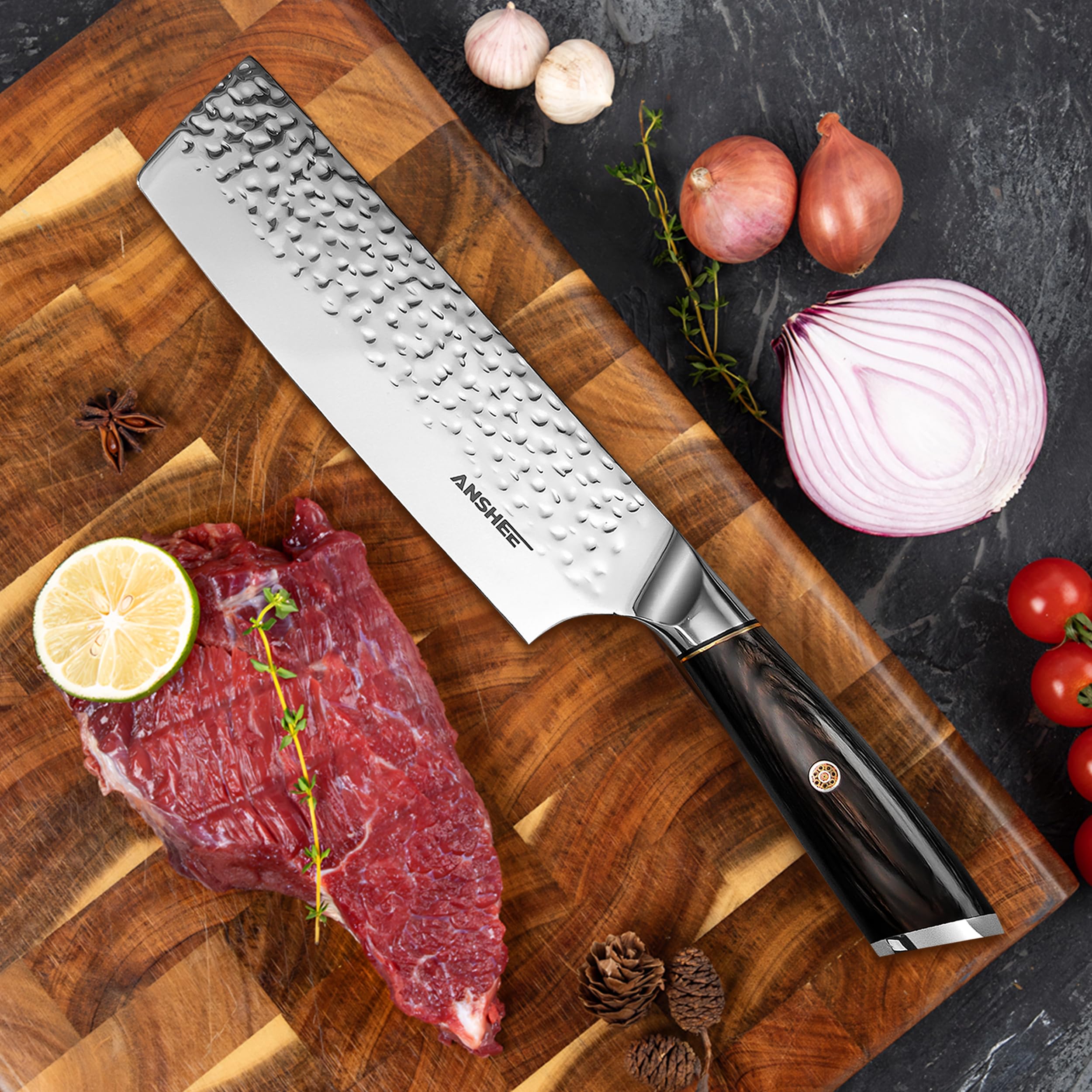 Anshee nakiri 7inch edge retention in high carbon steel for sharpness.
