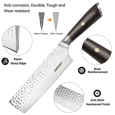 Anshee nakiri 7inch ergonomic handle shown for fatigue-free grip during longer prep.