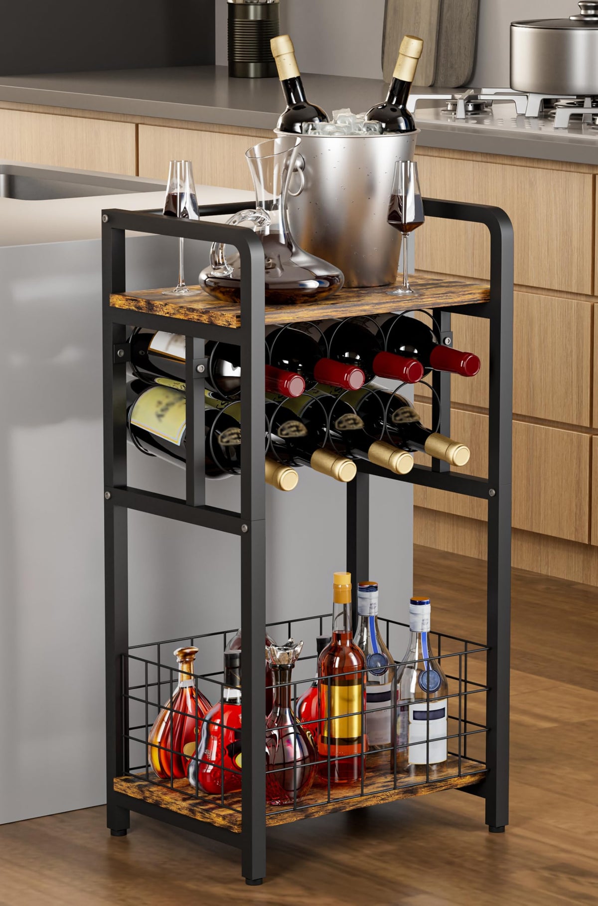 Ansionsol 3-Tier wine rack with wood top offers easy access and compact storage.