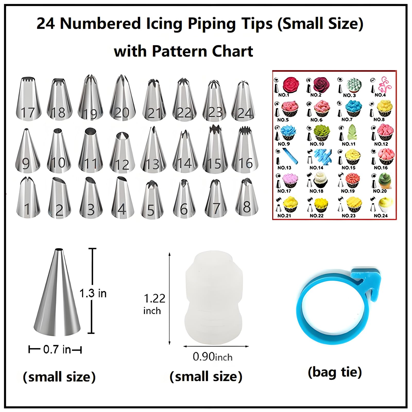 ANSLYQA 24 numbered icing tips with chart for easy designs.