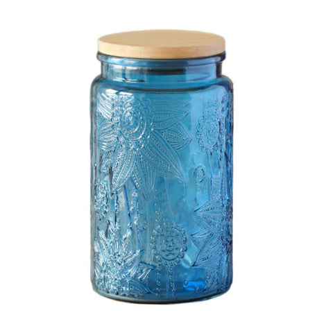 ANSQU blue glass candy jar with lid offers fresh, dust-free storage.