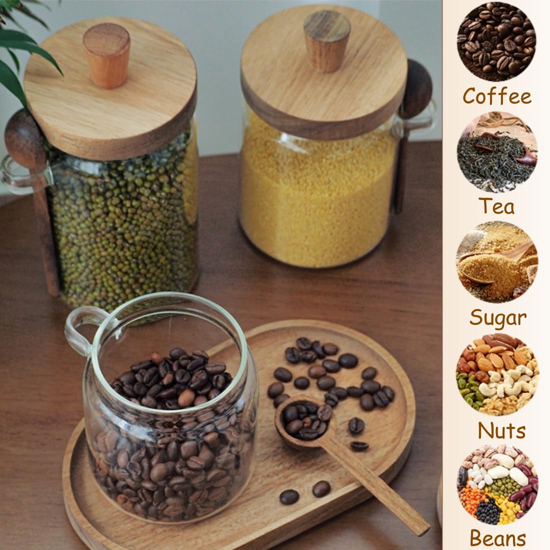 Compact ANSQU glass jar with wooden handle lid fits counters.