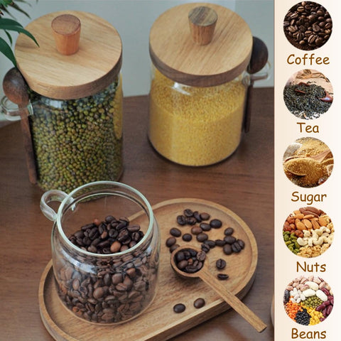 Compact ANSQU glass jar with wooden handle lid fits counters.