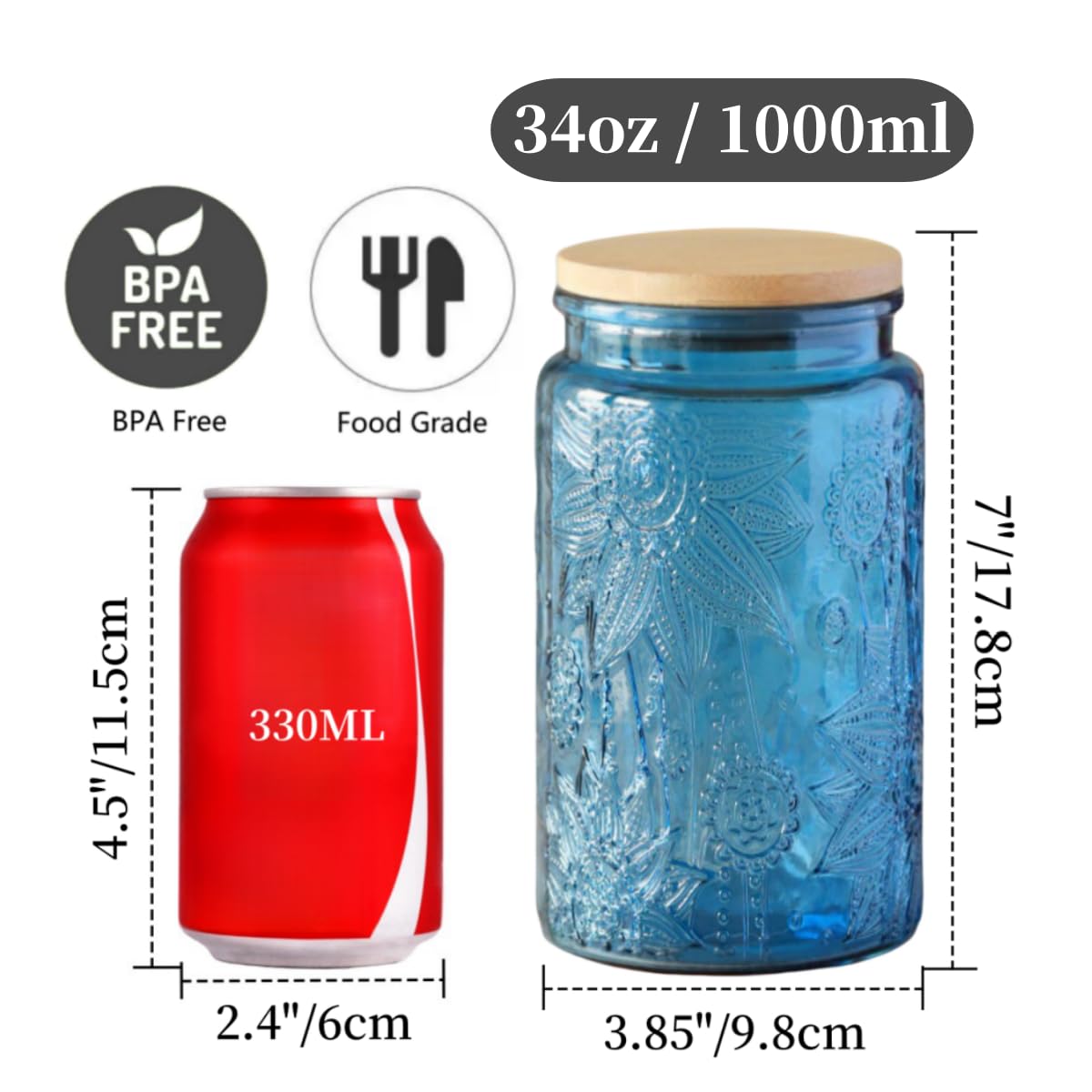 ANSQU embossed sunflower design adds vintage charm to the blue glass jar.