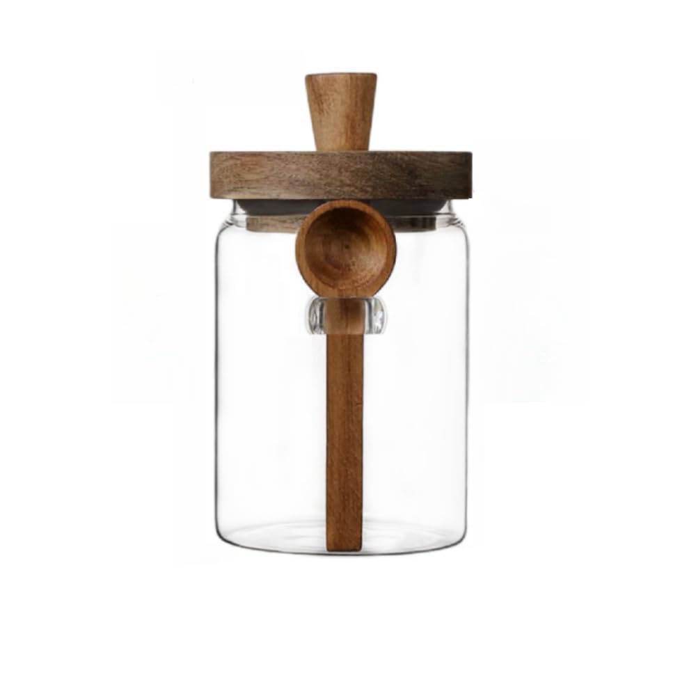 ANSQU glass jar with wooden lid and spoon for easy scooping and visibility.