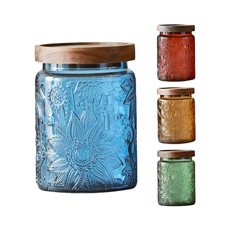 ANSQU sunflower embossed glass jar with wooden lid for airtight pantry storage