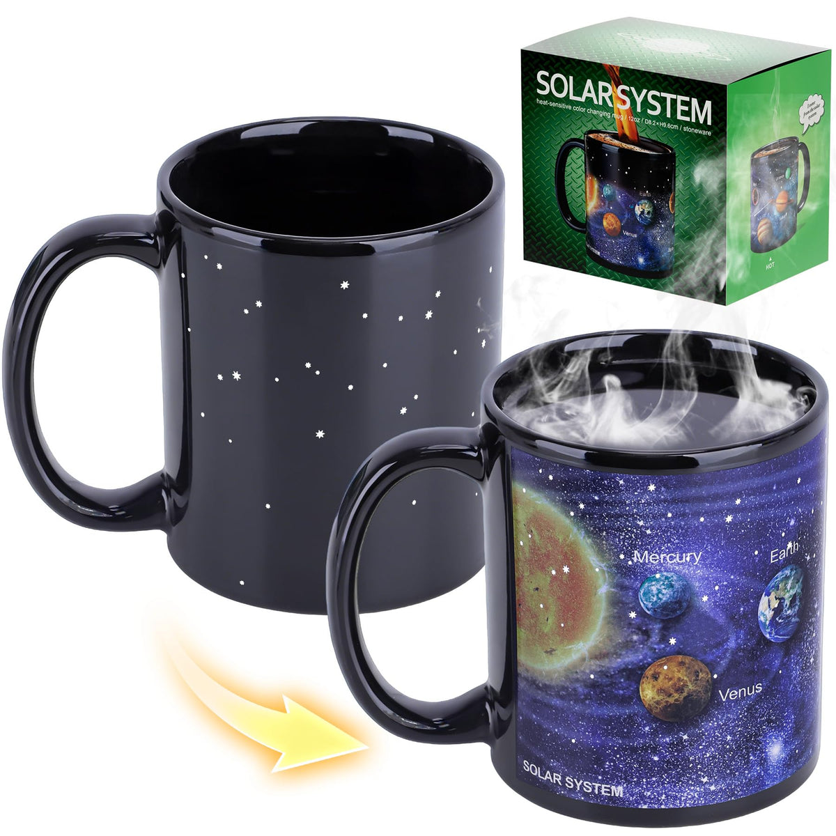 Antner heat-changing mug front view shows space-themed design for daily coffee rituals