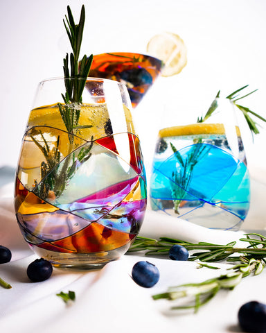 Antoni Barcelona glass with stained-glass-inspired pattern enhances table decor