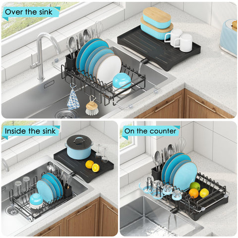 ANTOPY expandable over-sink rack saves counter space and drips into basin