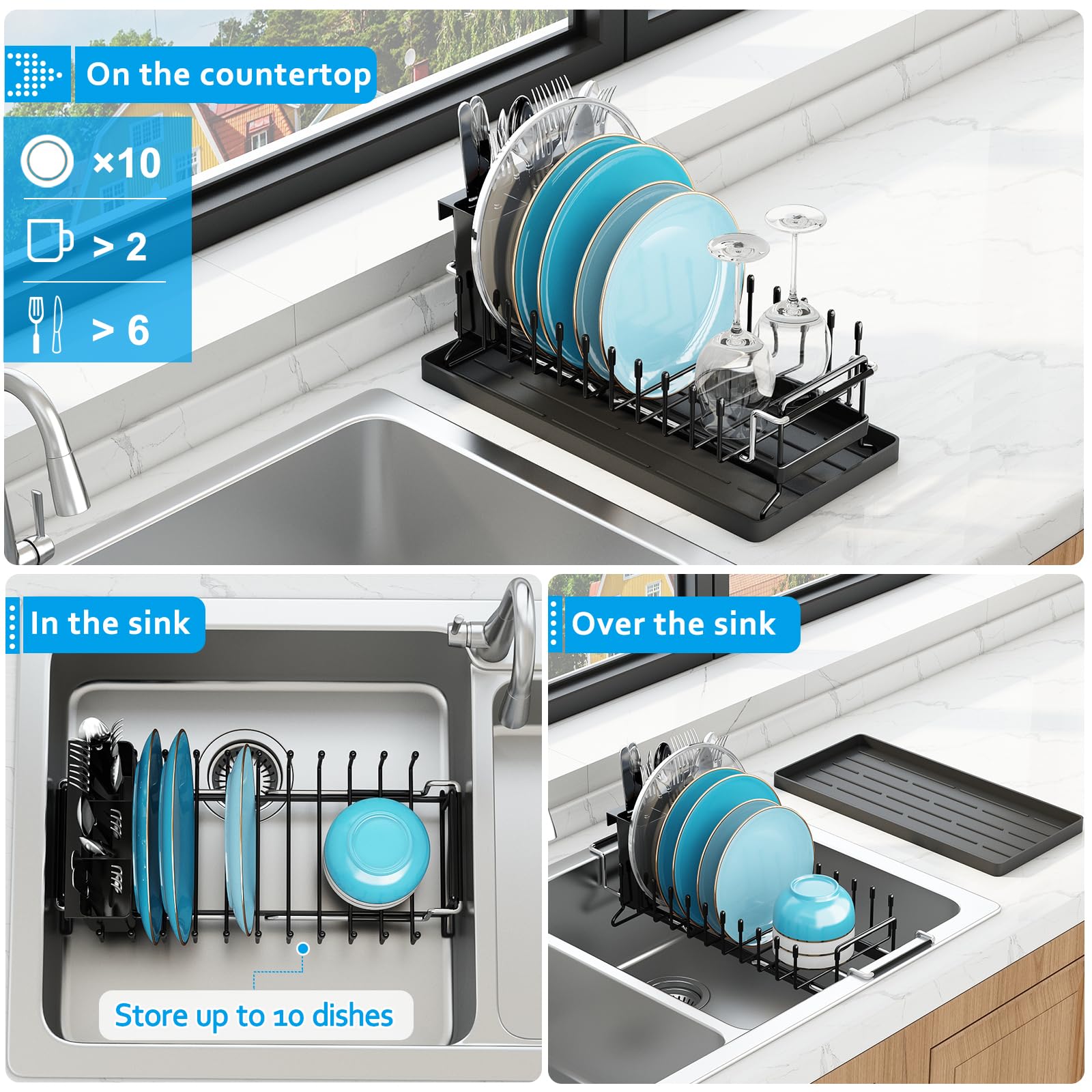 ANTOPY silicone drying mat under the rack catches drips and dries dishes efficiently.