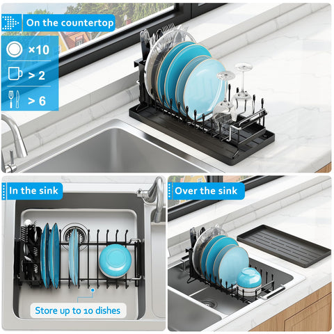 ANTOPY silicone drying mat under the rack catches drips and dries dishes efficiently.